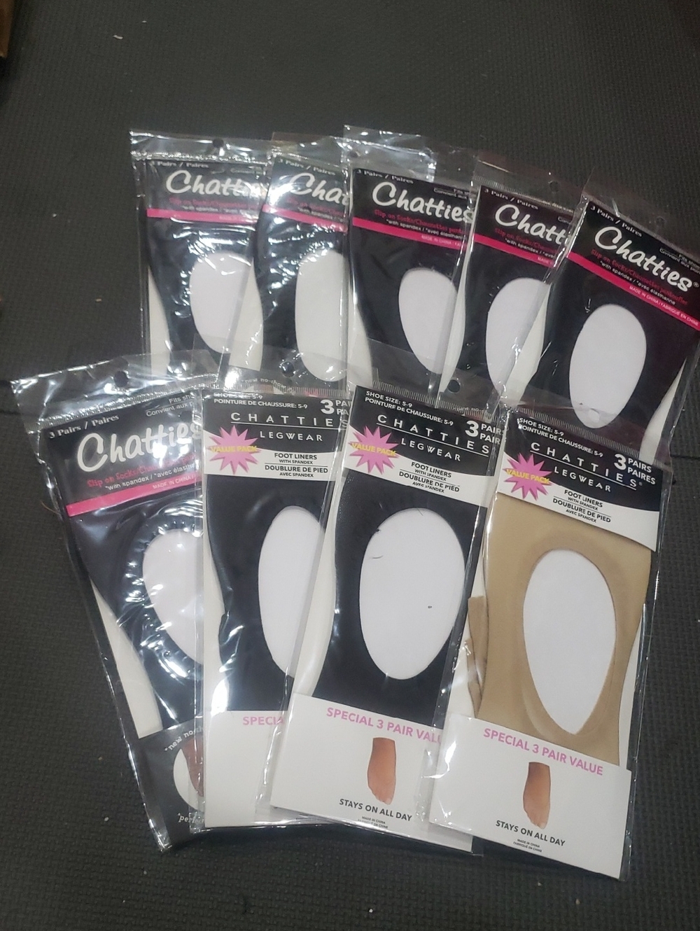 Chatties Nylon Shoe Liner Black & One Nude Size 5-9 New Lot x9